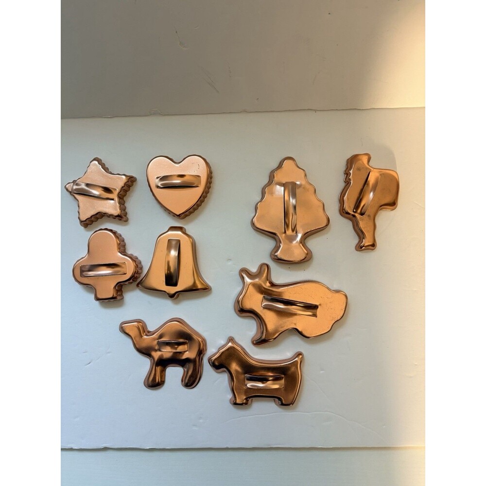 Copper Tone Metal Cookie Cutters Lot Of 9 Some Holiday Heart Animal Bell